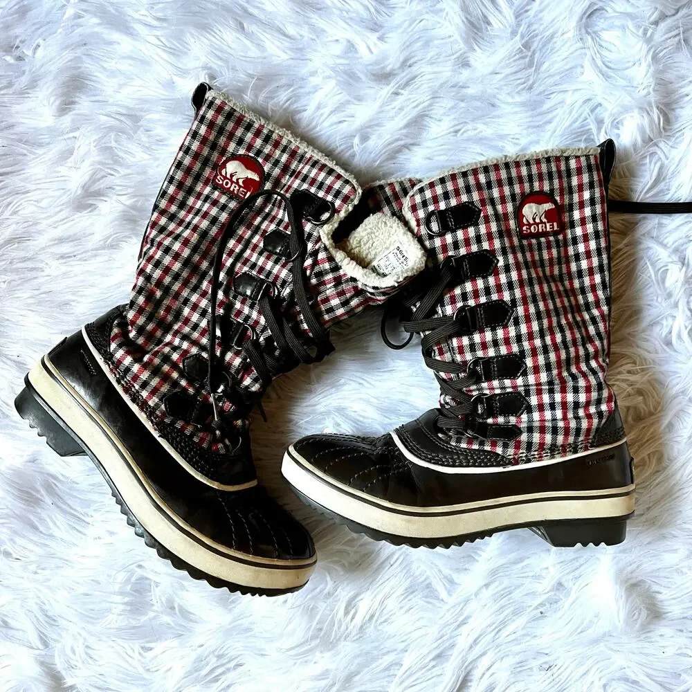 Sorel Tivoli Tall Red Plaid Snow Boots 7 Waterproof Winter Boots